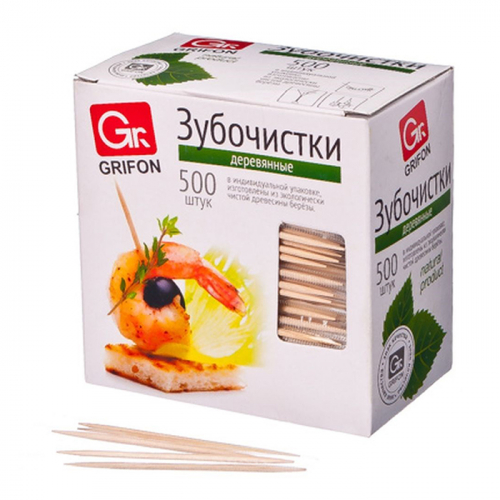 Зубочистки из дерева в индивидуальной упаковке, GRIFON, 500 шт
