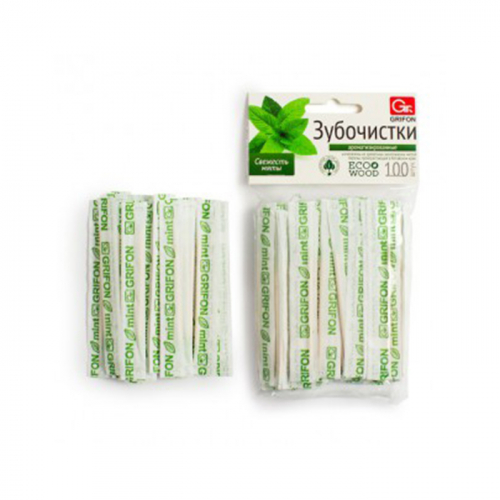 Зубочистки из дерева МЯТА в индивидуальном бумажном пакете, GRIFON, 100 шт