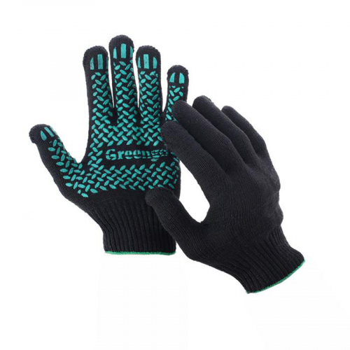 Хлопчатобумажные перчатки чёрные 10 класс 6 нитей ПВХ протектор размер 9 GREENGO