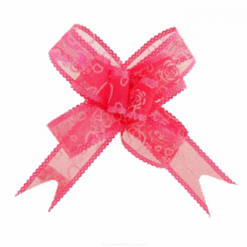 Бант-бабочка №2,5 органза с рисунком "Сердца с цветами", розовый 