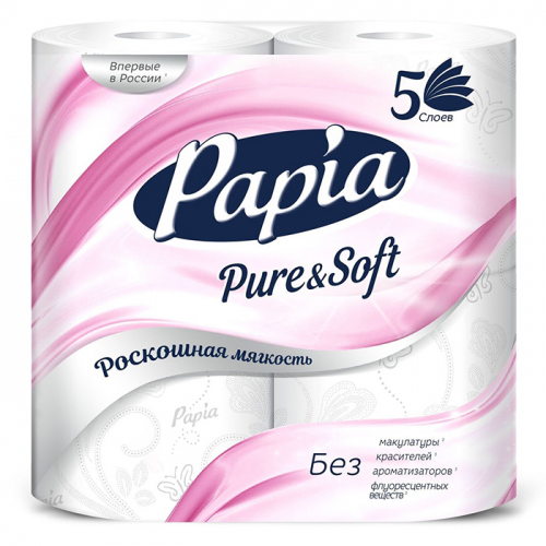 Туалетная бумага Белая PURE&SOFT 5 слоёв, PAPIA, 4 рулона