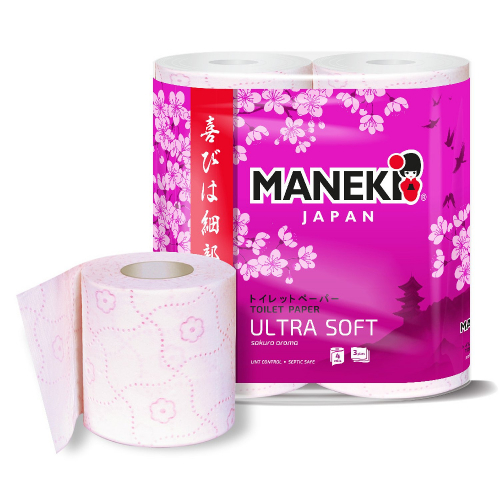 Бумага туалетная 3-слойная, с розовым тиснением и ароматом cакуры, MANEKI, 4 рулона