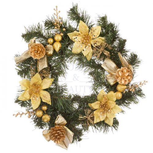 LEFARD Изделие декоративное "Новогодний венок с золотыми пуансетиями" диаметр - 30 см без упаковки