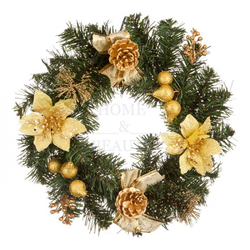 LEFARD Изделие декоративное "Новогодний венок с золотыми пуансетиями" диаметр - 25 см без упаковки
