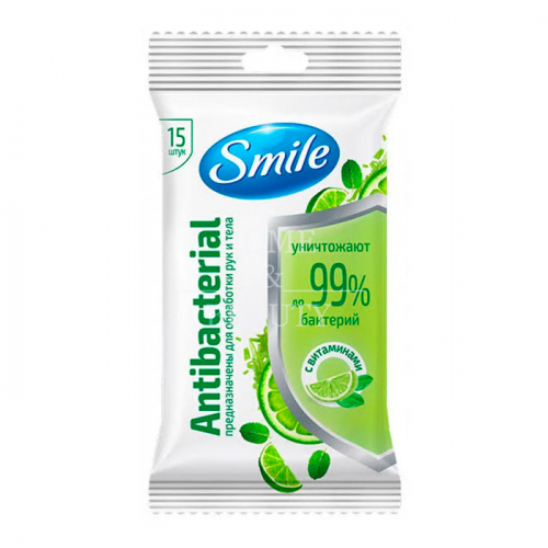 Влажные антибактериальные салфетки лайм-мята с витаминами, SMILE, 15 шт
