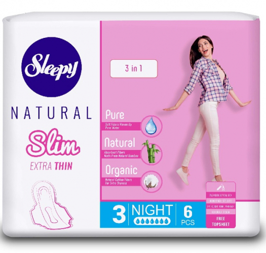 Прокладки натуральные Slim ультра тонкие Ночные, SLEEPY, 6 шт