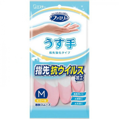 Виниловые перчатки “Family” (тонкие, без внутреннего покрытия, с уплотнением на кончиках пальцев) ST бело-розовые РАЗМЕР М