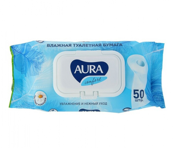 Влажная туалетная бумага AURA ULTRA COMFORT с крышкой, цвет микс, 50 шт