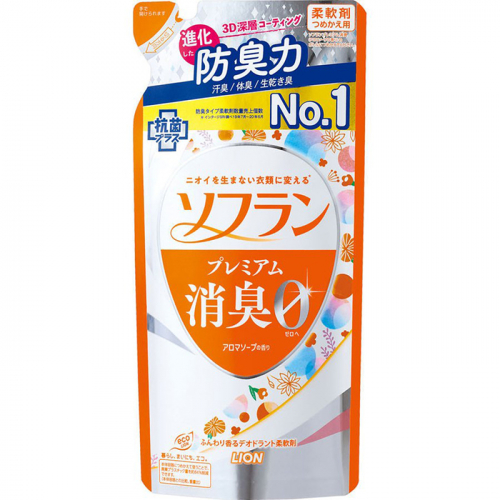 Кондиционер для белья с 3D-защитой от неприятного запаха, с ароматом свежести и цветов Soflan Premium Aroma Soap, LION, 420 мл (мягкая упаковка)