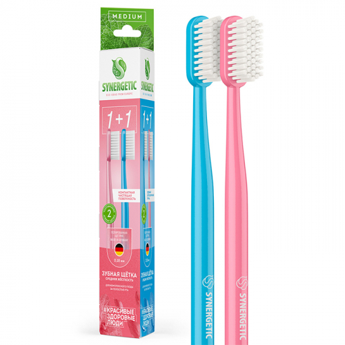 Зубная щетка для взрослых Eco dental care, medium, SYNERGETIC, 2 шт. (розовая, голубая)