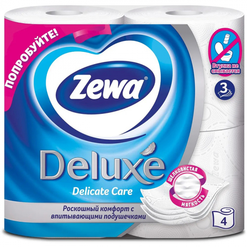 Туалетная бумага DELUXE 3-х слойная Белая без аромата, ZEWA, 4 шт