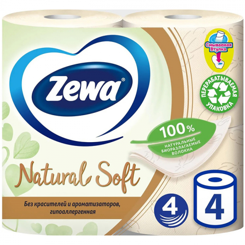 Туалетная бумага Natural Soft 4-сл, ZEWA, 4 шт