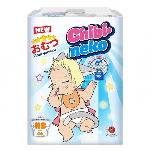 MANEKI Подгузники детские одноразовые, серия Chibi-neko, размер NB, <5 кг, 60 шт./упаковка
