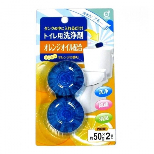Очищающая и дезодорирующая таблетка для бачка унитаза, окрашивающая воду в голубой цвет с ароматом апельсина, OKAZAKI, 50 гх2 шт
