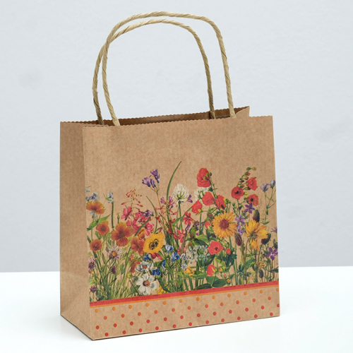 Пакет подарочный крафт «Полевые цветы», 16×16×7,6 см 
