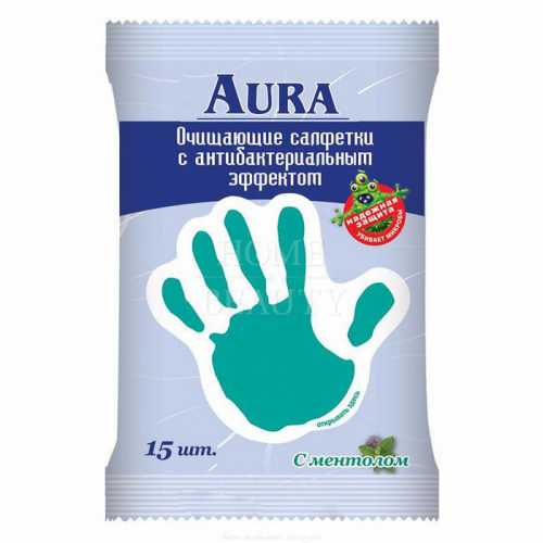 Салфетки влажные антибактериальные с ароматом ментола, AURA, 15 шт