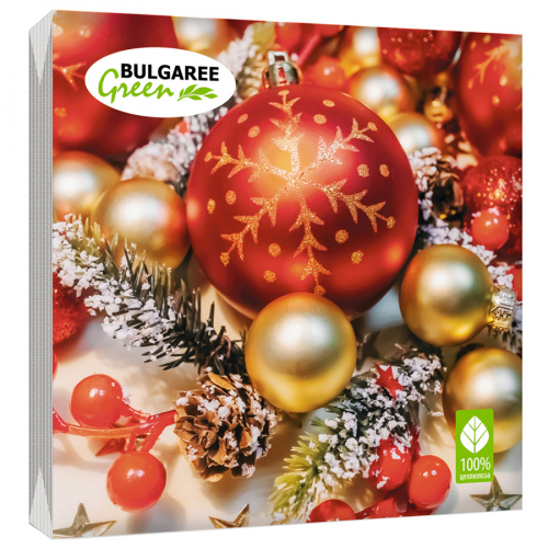 Салфетки трехслойные "Красные шары" 20 шт, BULGAREE GREEN, 33х33 см